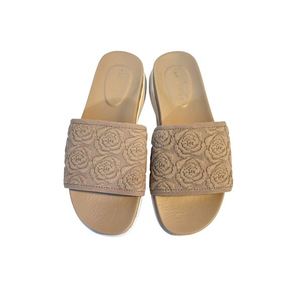 Taryn Rose Women's 7 Taupe Embroidered Slide Sandals With White Sole - Picture 2 of 9